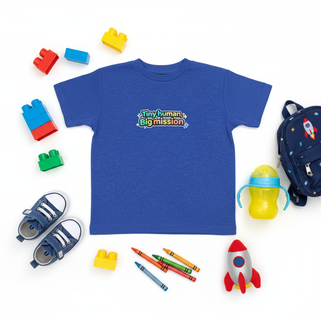 Blue t-shirt with colorful text 'Tiny human, Big mission' on a white background
