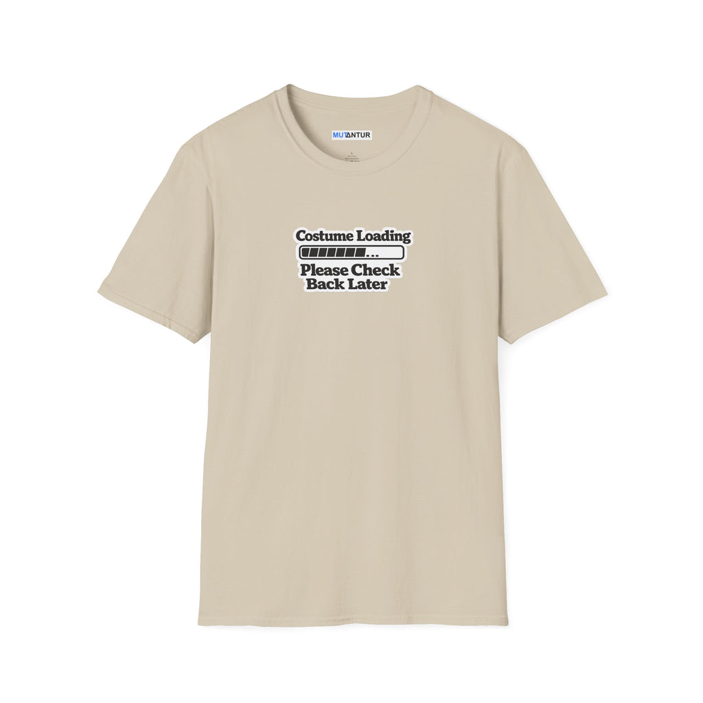 A light beige crewneck t-shirt with a black graphic print on the chest that reads 'Costume Loading Please Check Back Later' with a progress bar, shown on a plain white background.