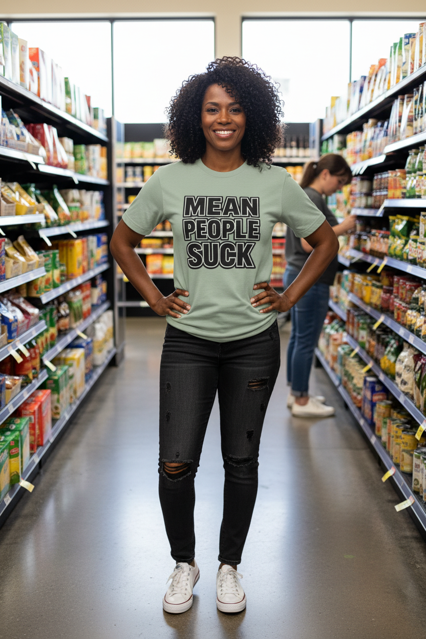 Mean People Suck retro statement t-shirt, on-model back view