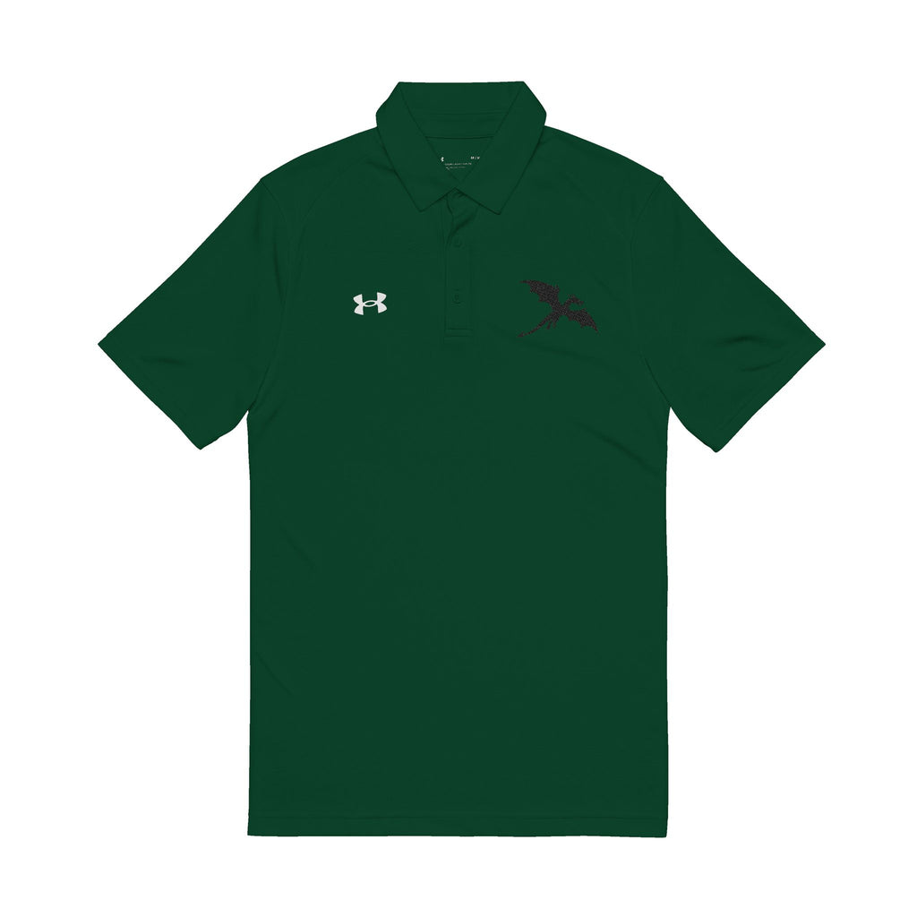 A green polo shirt with an Under Armour logo and a black dragon on a white background