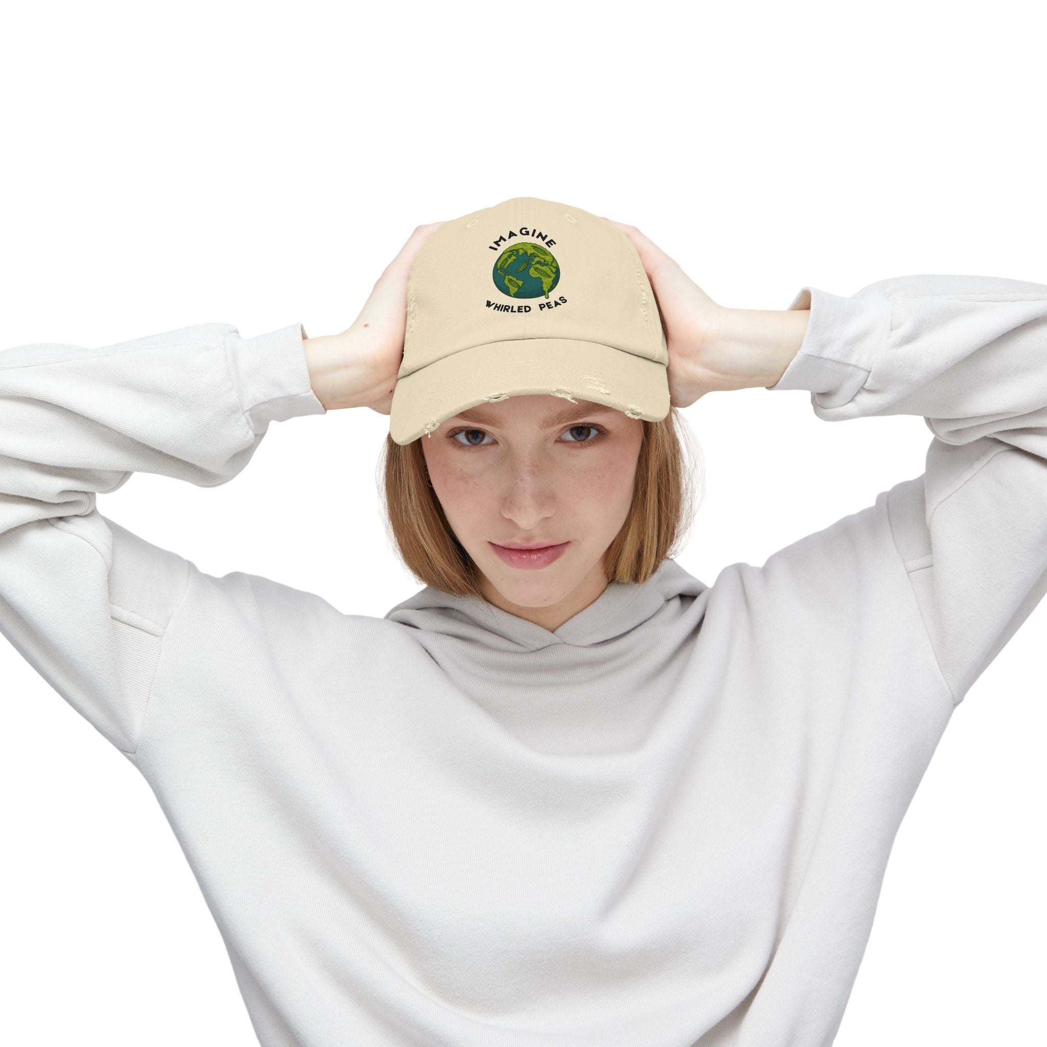 Imagine Whirled Peas pun Unisex Distressed Cap with Planet design - Mutantur Labs LLC