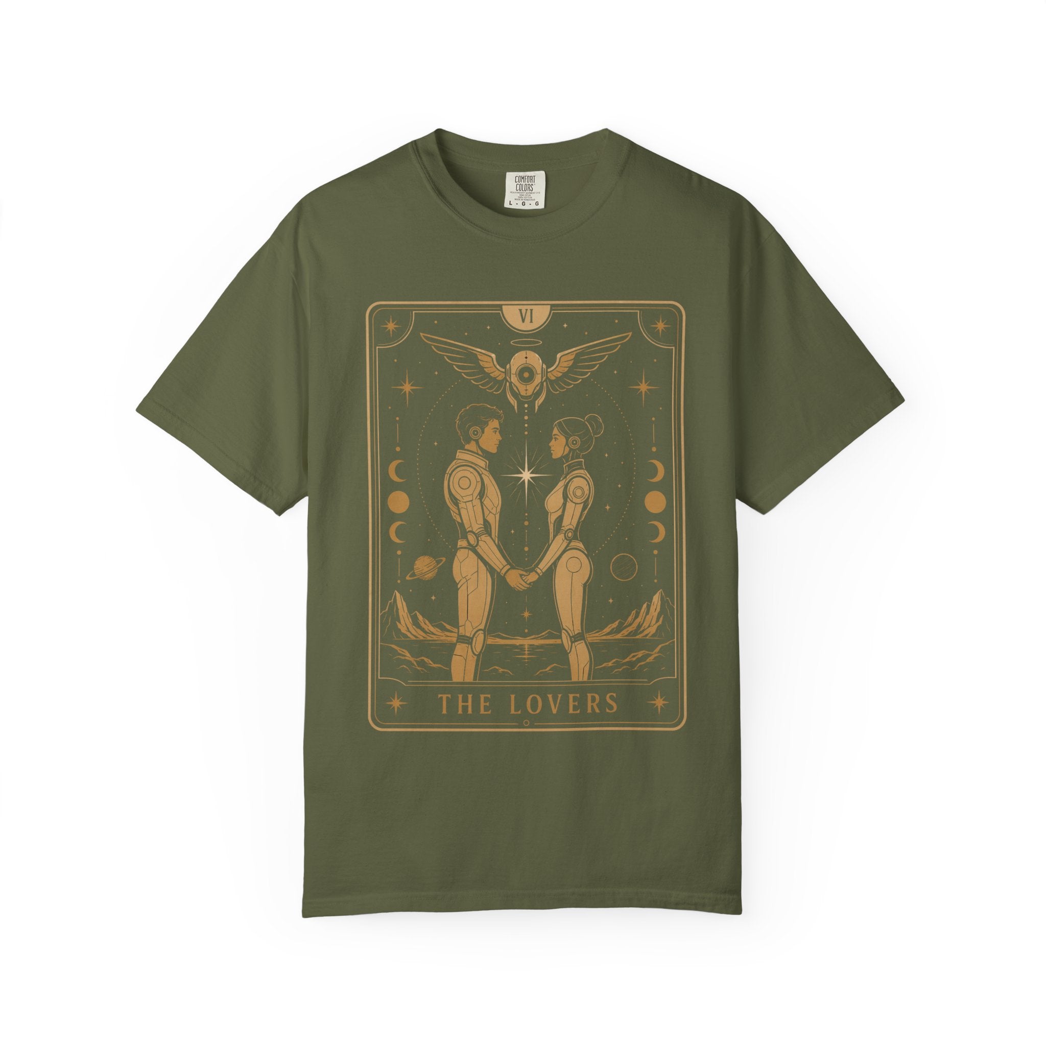 An olive green short-sleeve t-shirt with a tan tarot card graphic on the front depicting 'The Lovers' card, shown against a plain white background.