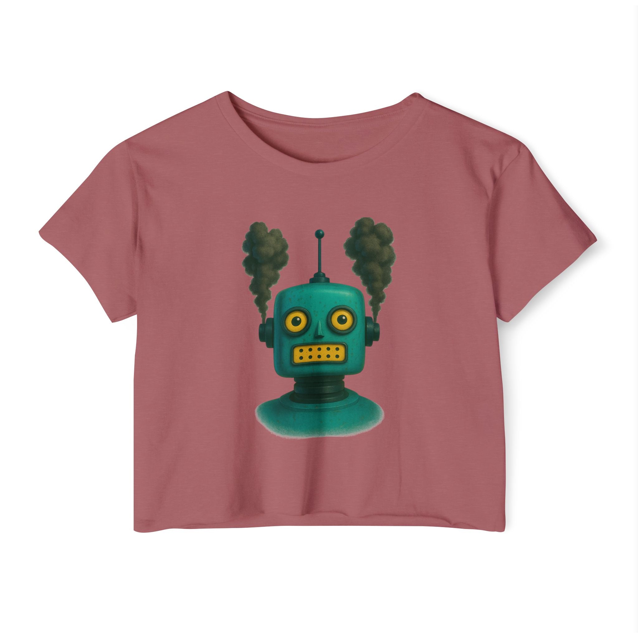 Retro Steampunk Robot Crop Top – Green Sci-Fi Graphic Top - Mutantur Labs LLC