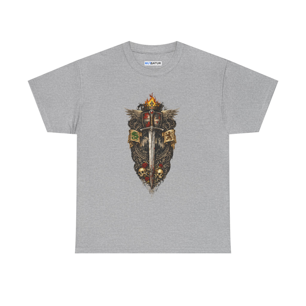 Medieval Sword & Shield T-Shirt — Fantasy Knight Crest Tee - Mutantur Labs LLC
