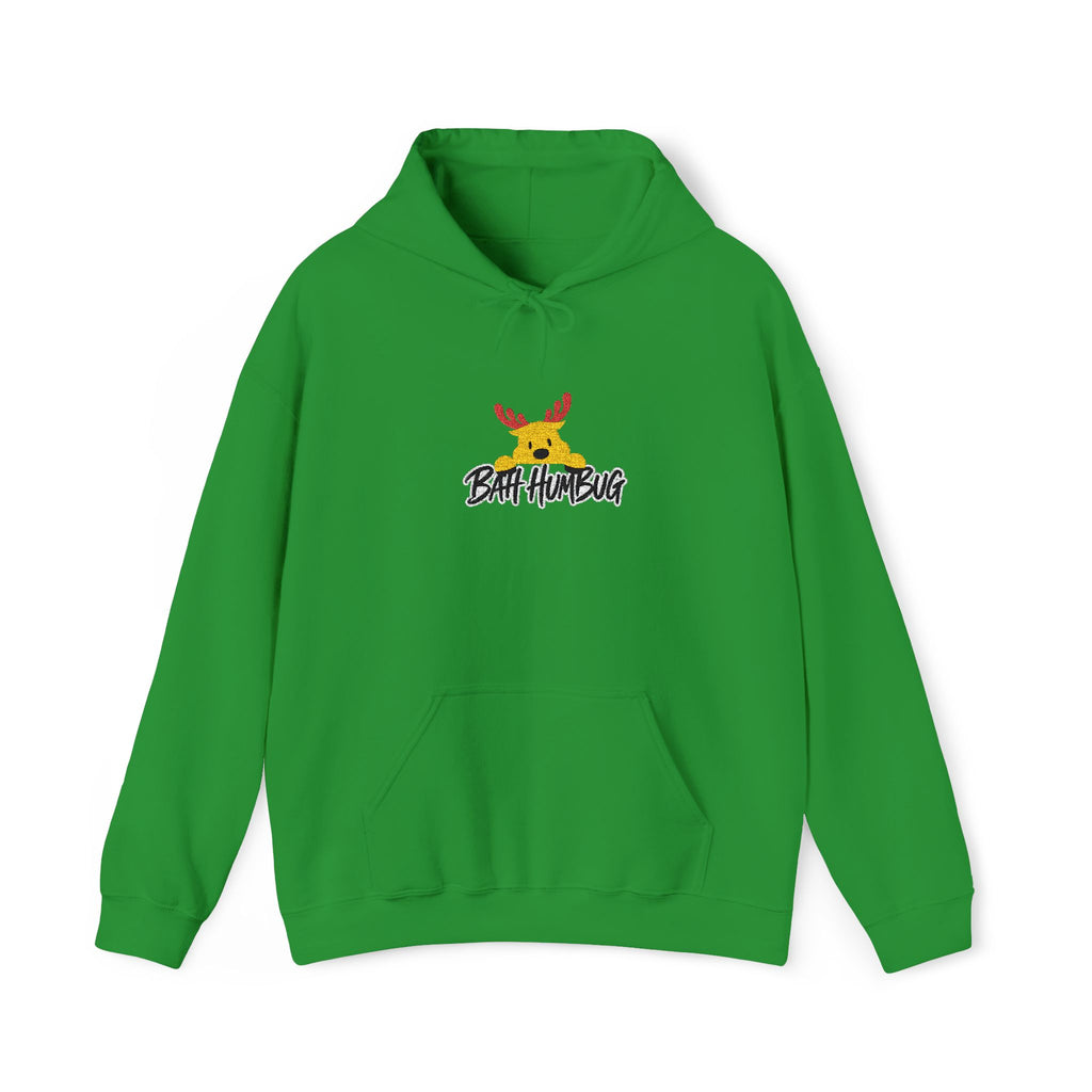 A green pullover hoodie with a front kangaroo pocket and drawstring hood, featuring a small graphic of a reindeer with red antlers and the text 'BAH HUMBUG' printed on the chest.