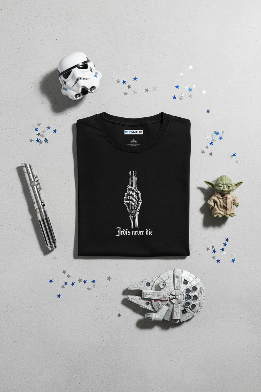 black T-shirt depicting a skeleton hand holding a Light Saber hilt with the words Jedis Never Die