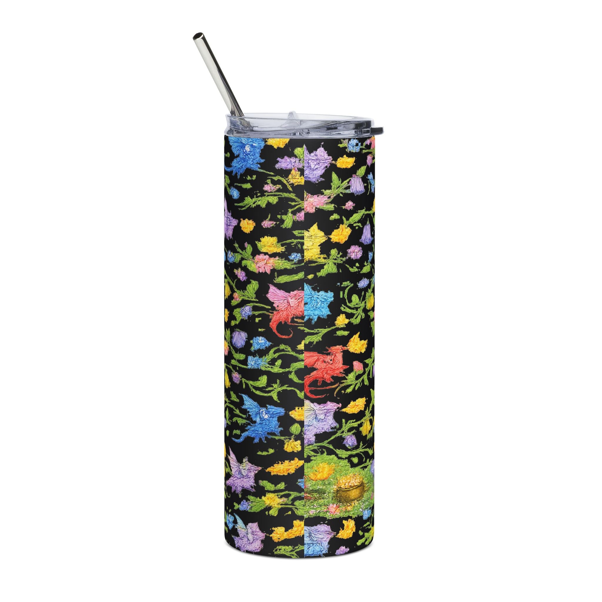 Floral Dragon 20oz Stainless Steel Tumbler — Fantasy Dragon Travel Cup with Vines, Flowers & Hidden Details - Mutantur Labs LLC