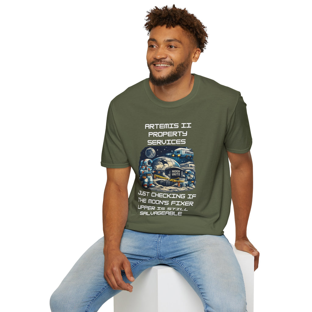Moonbase Property Services T-Shirt — 'Artemis II Property Services' Space Repair Crew funny Tee - Mutantur Labs LLC