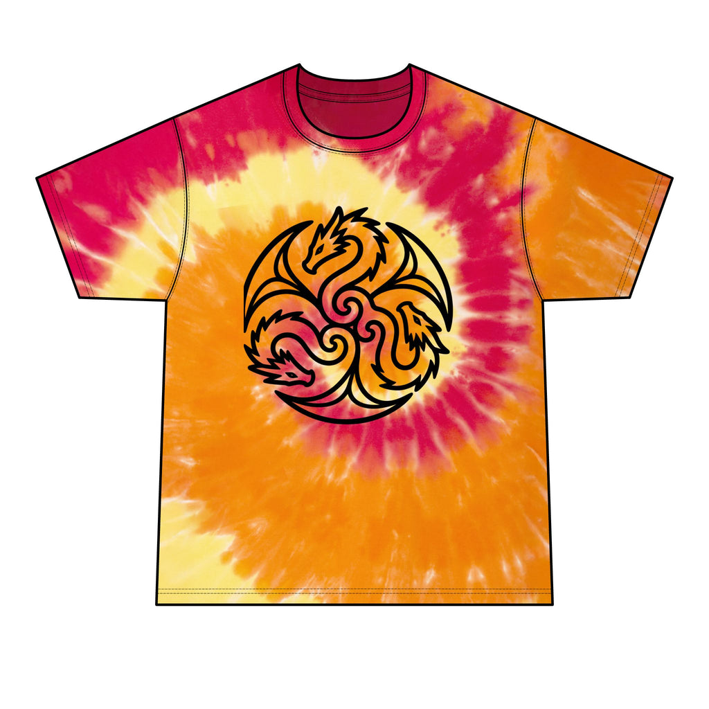 A short-sleeve crewneck t-shirt featuring a vibrant orange, yellow, and pink tie-dye spiral pattern with a black and yellow triple-headed dragon graphic printed on the chest, shown against a plain white background.
