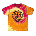 A short-sleeve crewneck t-shirt featuring a vibrant orange, yellow, and pink tie-dye spiral pattern with a black and yellow triple-headed dragon graphic printed on the chest, shown against a plain white background.