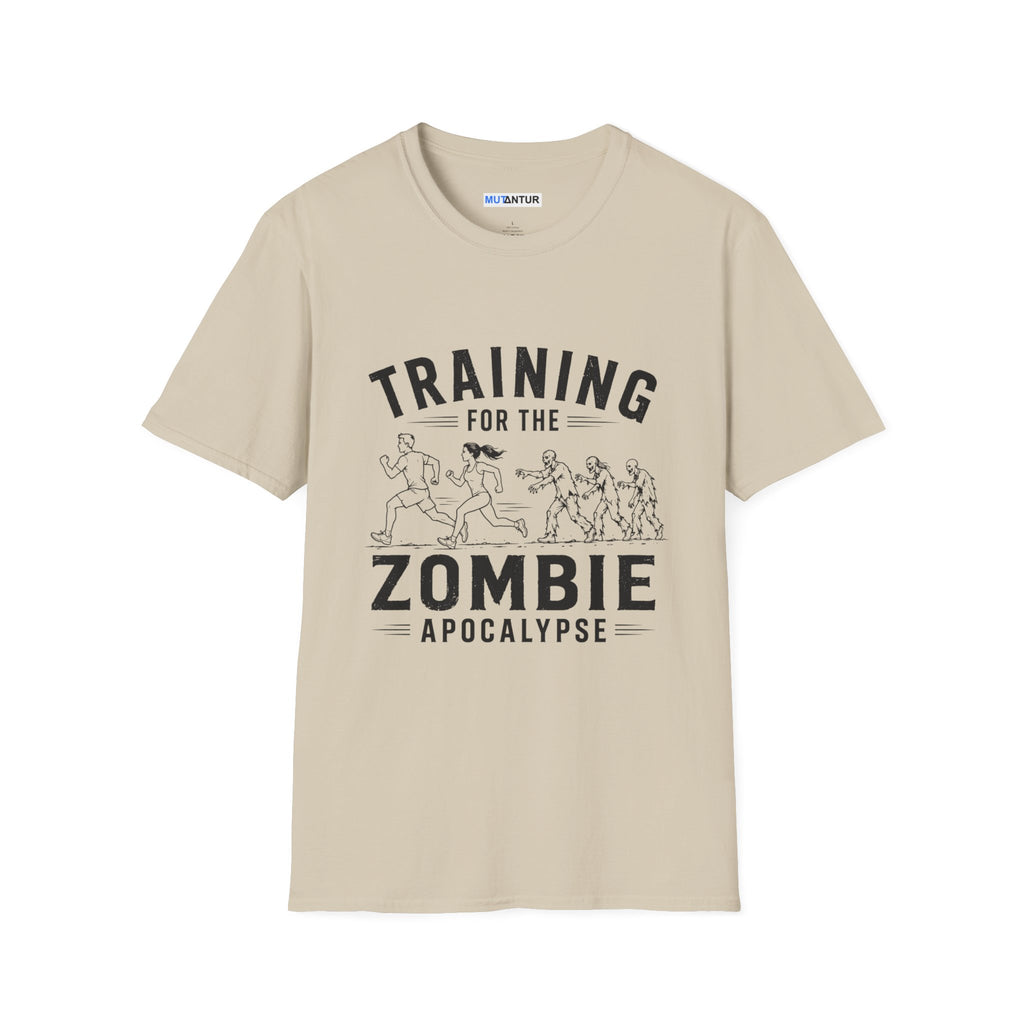 Beige short sleeved t shirt with the words Training for the zombie apocalypse with a funny line drawing of runners escaping zombies