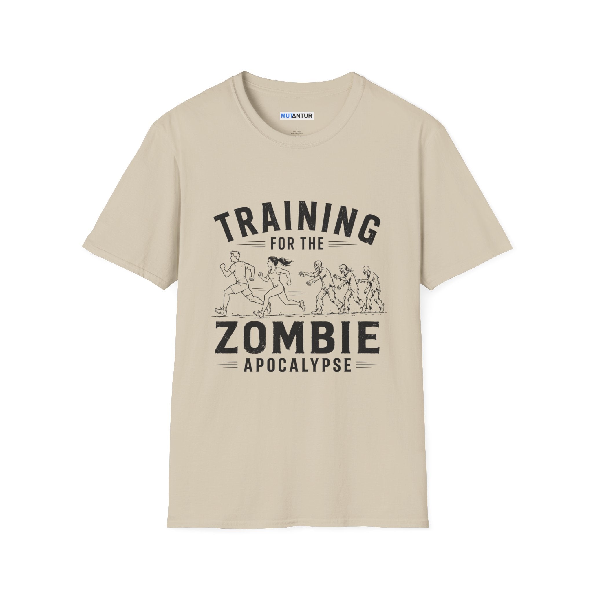 Beige short sleeved t shirt with the words Training for the zombie apocalypse with a funny line drawing of runners escaping zombies