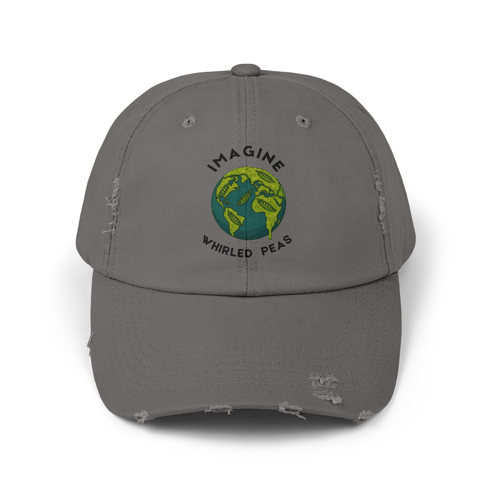 Imagine Whirled Peas pun Unisex Distressed Cap with Planet design - Mutantur Labs LLC