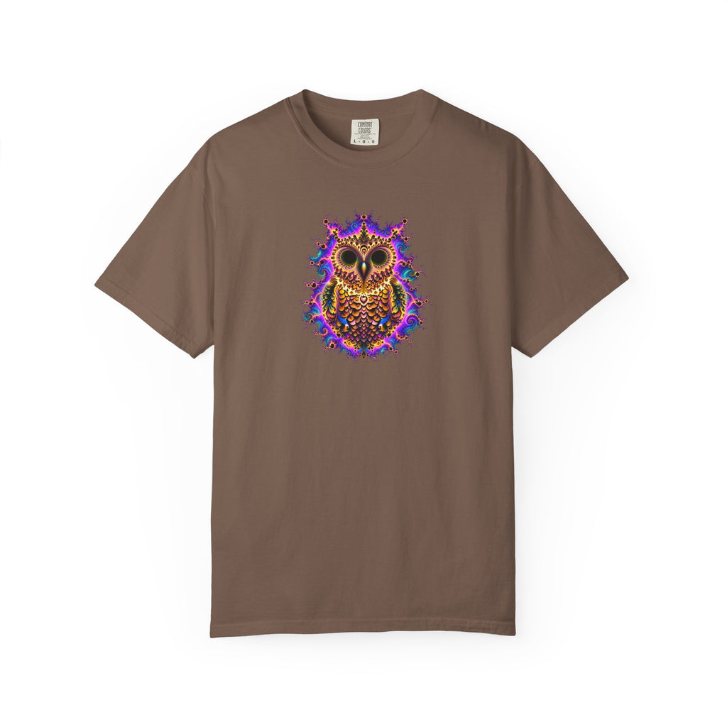 Brown crewneck t shirt with a psychedelic owl design against  a white background