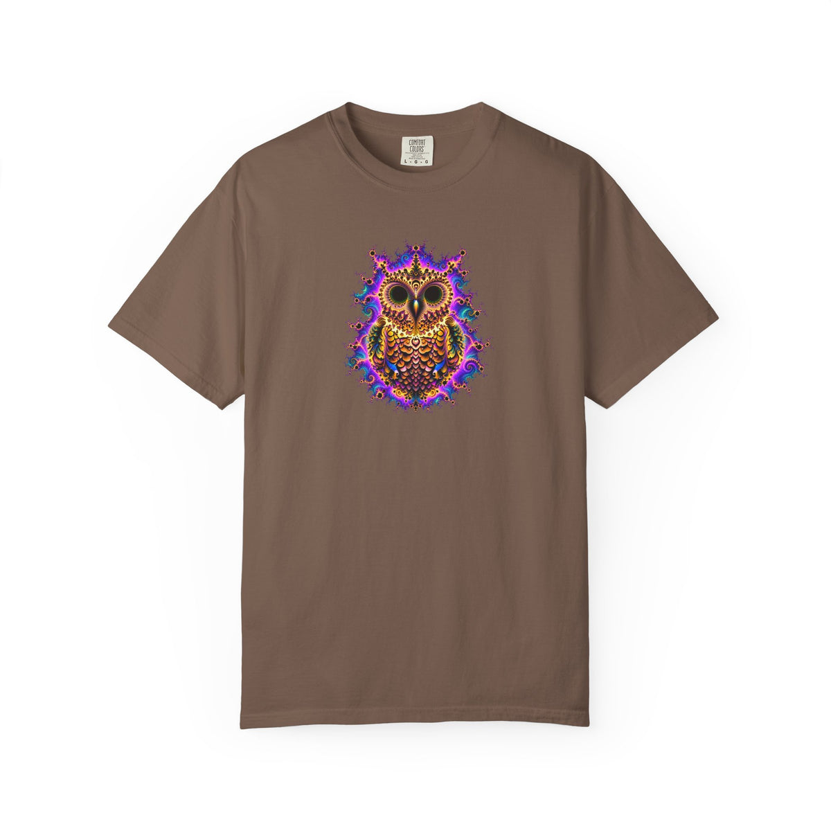 Brown crewneck t shirt with a psychedelic owl design against  a white background