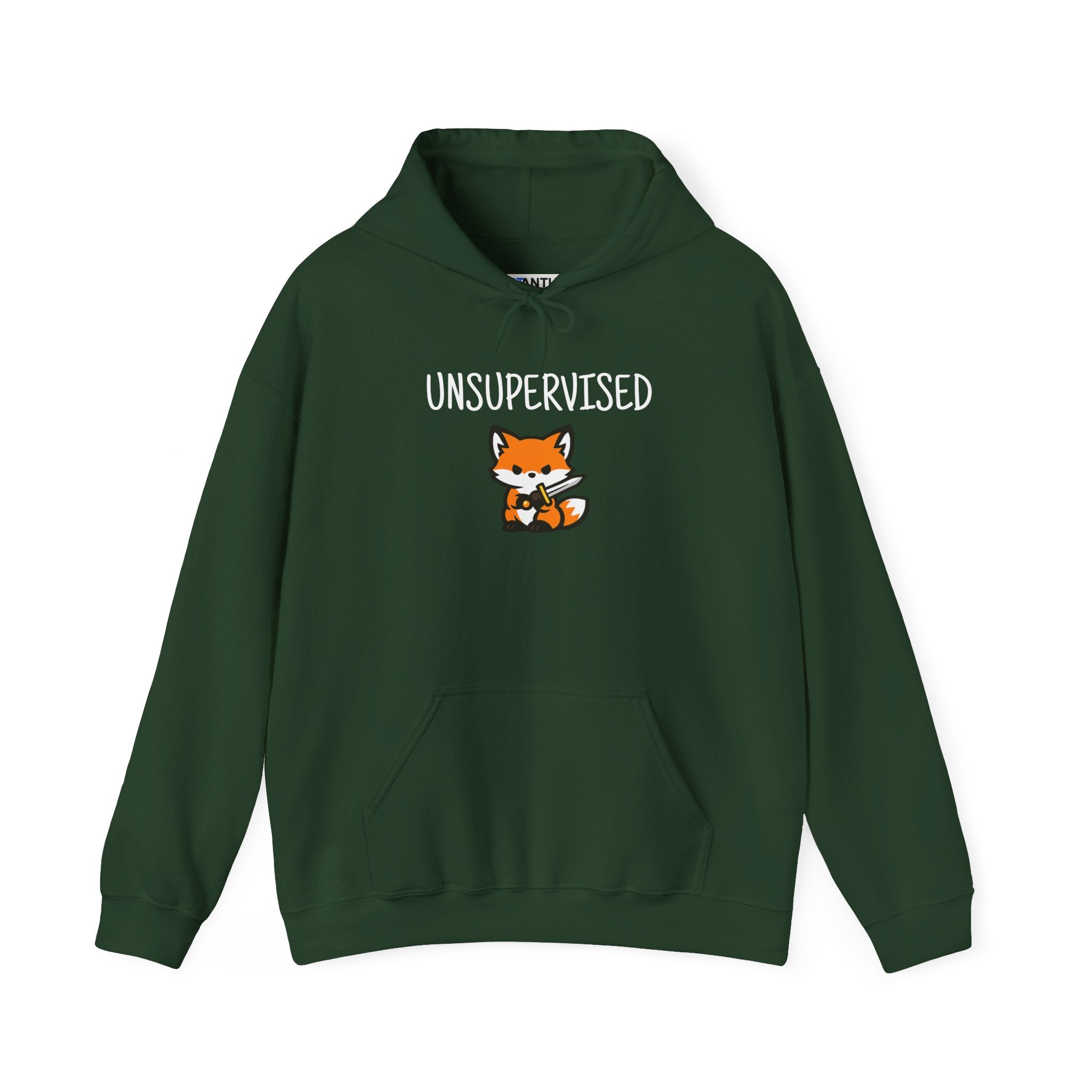 Unsupervised Fox with sword hoodie graphic, close-up of design