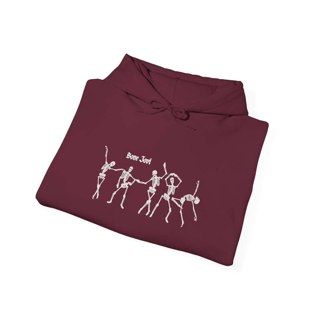 Ab maroon folded hoodie with 6 dancing white skeletons with the words Bone Jovi against a white background