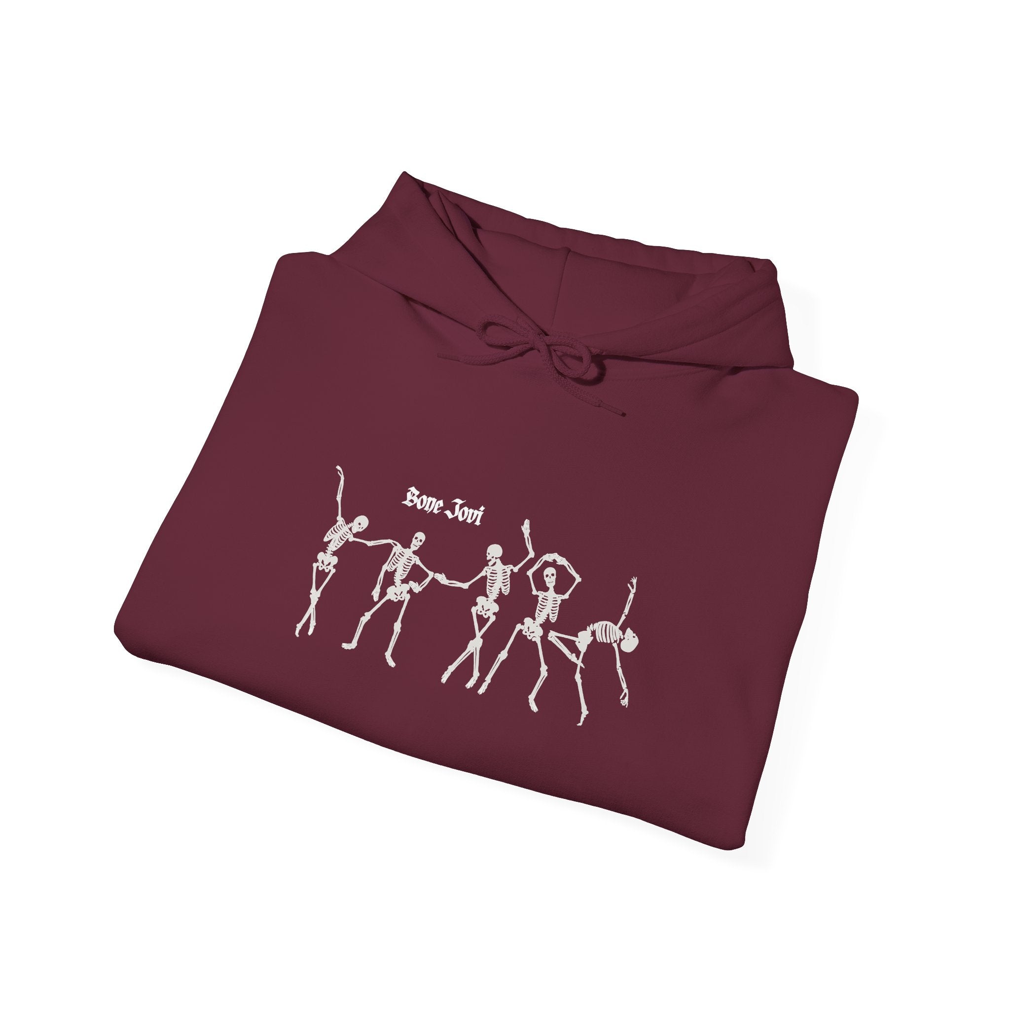 Ab maroon folded hoodie with 6 dancing white skeletons with the words Bone Jovi against a white background