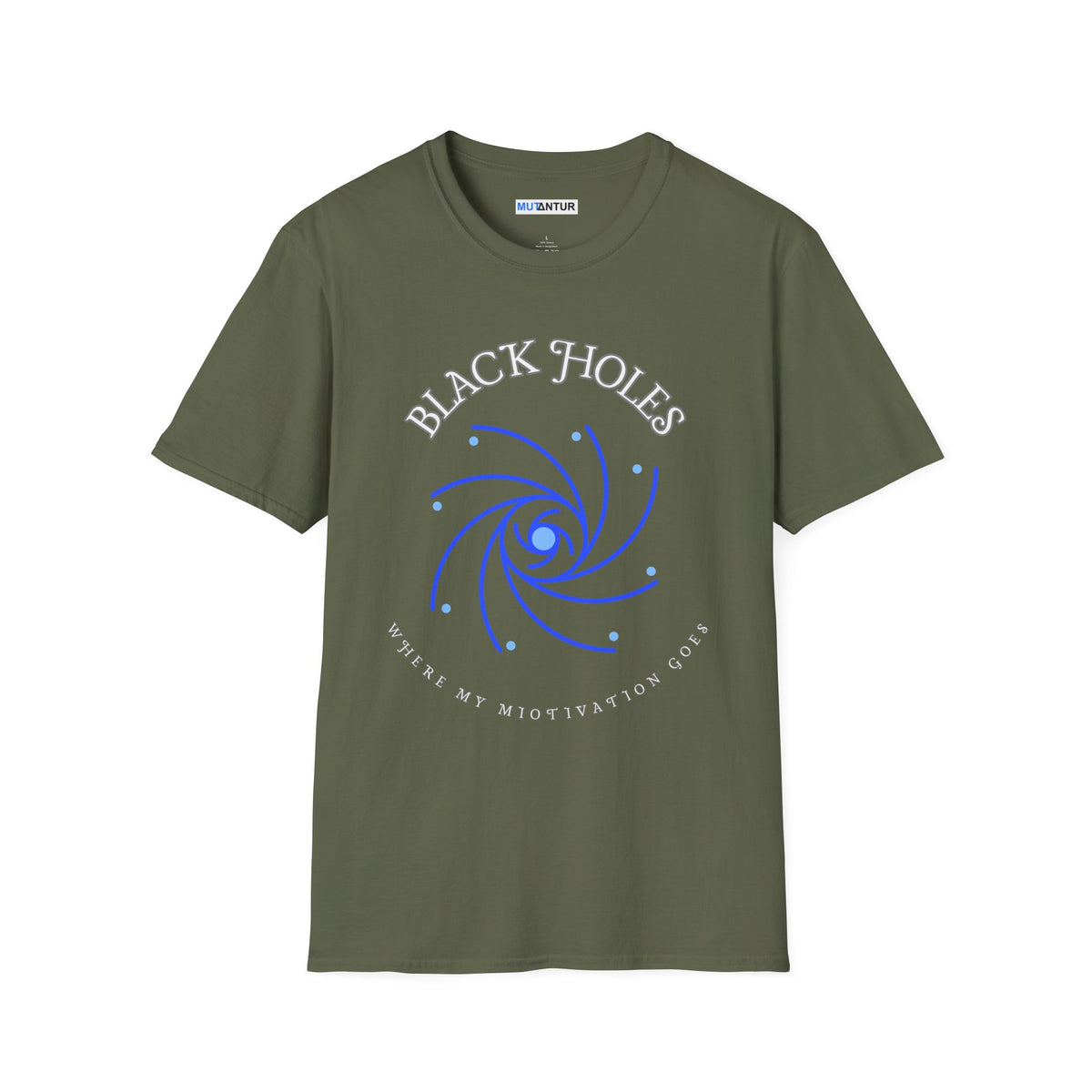 Black Holes Where My Motivation Goes celestial spiral graphic tee in olive green, front view