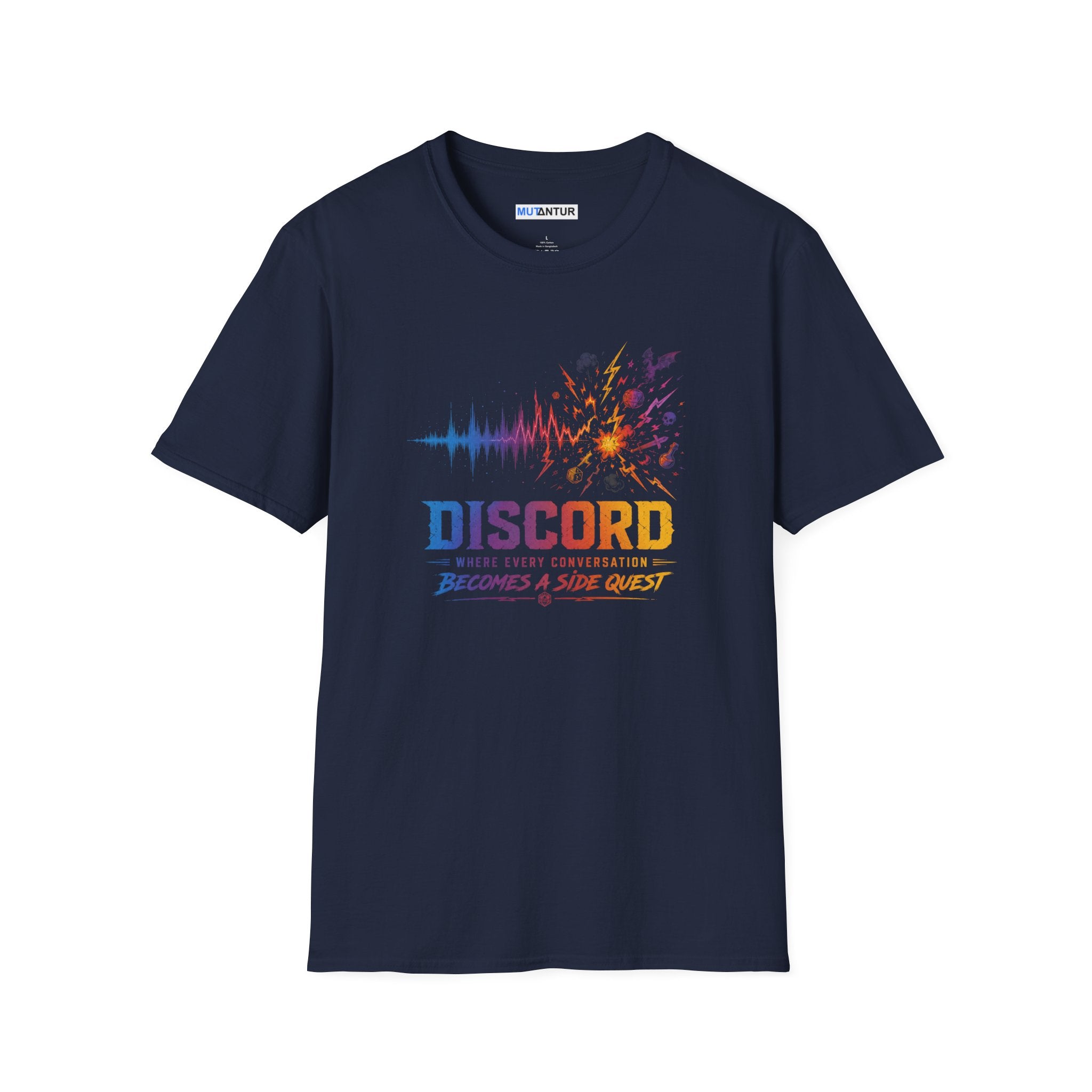 A navy blue short-sleeve t-shirt with a colorful graphic on the chest featuring an audio waveform and fireworks, with the text 'DISCORD' and 'BECOMES A SIDE QUEST'.