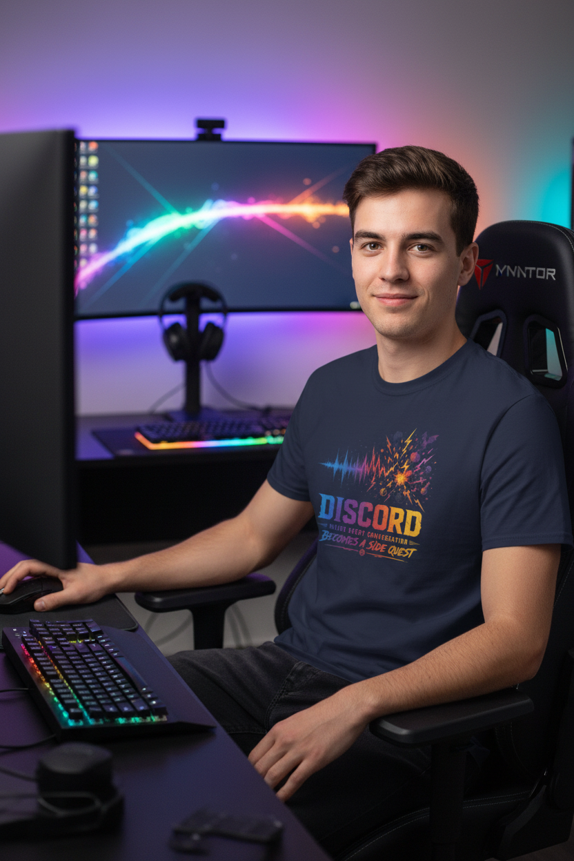 A navy blue short-sleeve t-shirt with a colorful graphic on the chest featuring an audio waveform and fireworks, with the text 'DISCORD' and 'BECOMES A SIDE QUEST'.