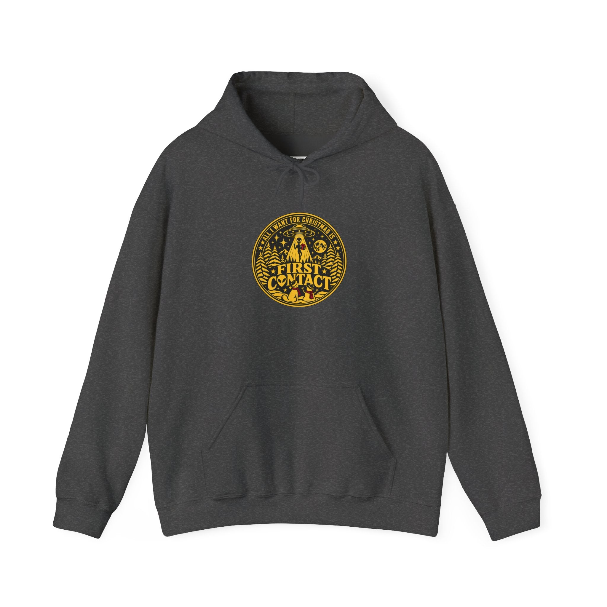 A gray hoodie with  a gold and black circular badge depicting  a dog and a snow man looking up at an alien rising up into a UFO at Christmas, with the words: All I want for Christmas is First Contact' The hoodie is displayed against a white background