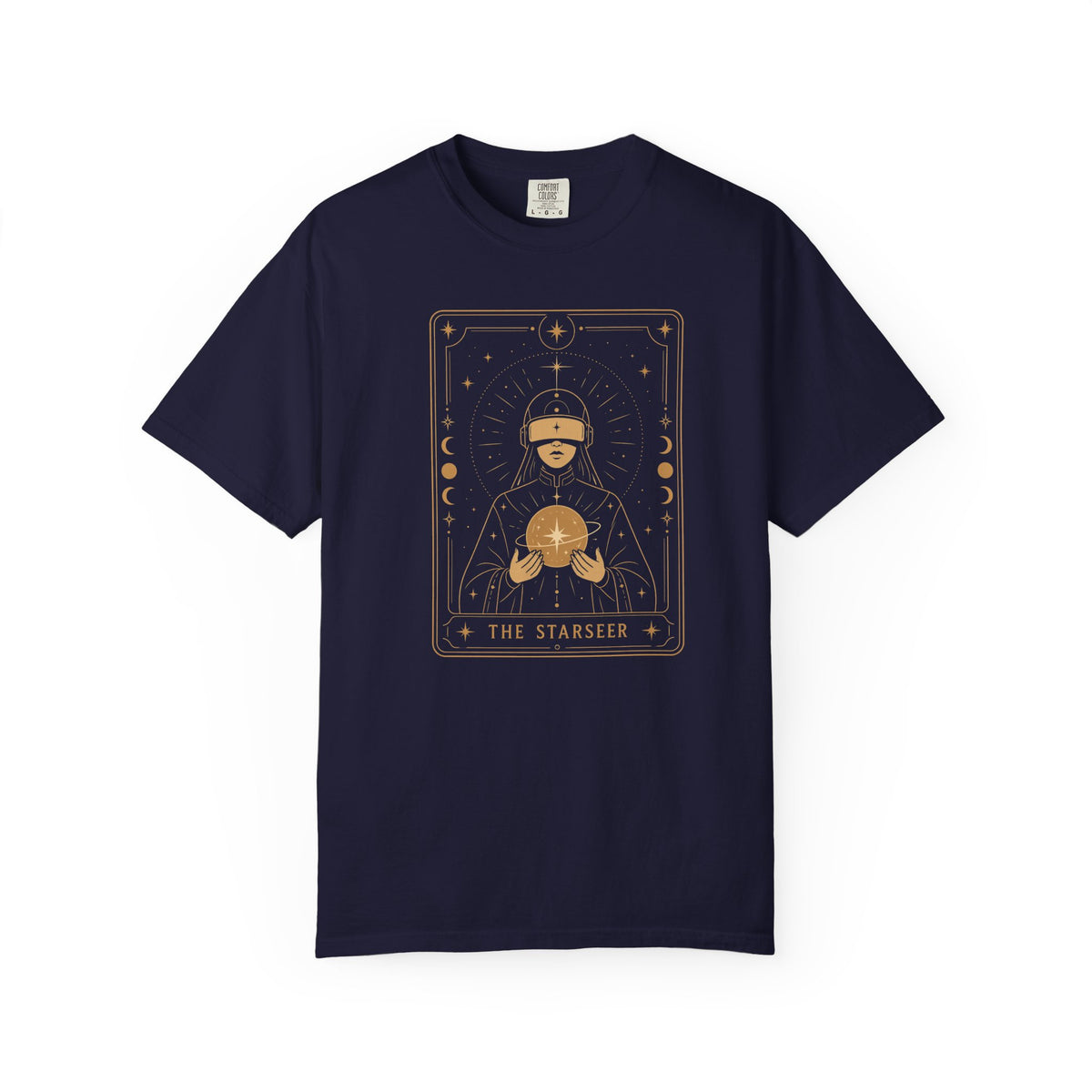 A navy blue short-sleeve crewneck t-shirt featuring a gold-colored tarot card graphic on the chest titled 'THE STARSEER'. The graphic depicts a blindfolded figure holding a glowing orb surrounded by celestial symbols.