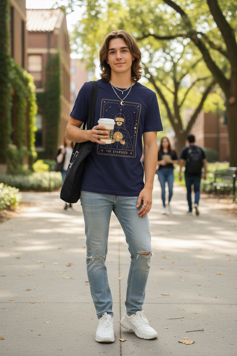 A navy blue short-sleeve crewneck t-shirt featuring a gold-colored tarot card graphic on the chest titled 'THE STARSEER'. The graphic depicts a blindfolded figure holding a glowing orb surrounded by celestial symbols.