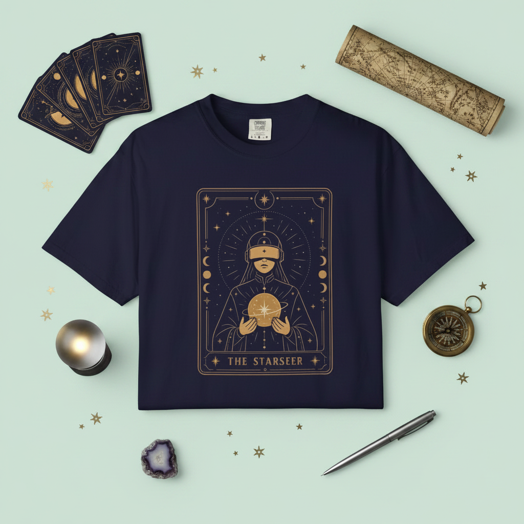 A navy blue short-sleeve crewneck t-shirt featuring a gold-colored tarot card graphic on the chest titled 'THE STARSEER'. The graphic depicts a blindfolded figure holding a glowing orb surrounded by celestial symbols.