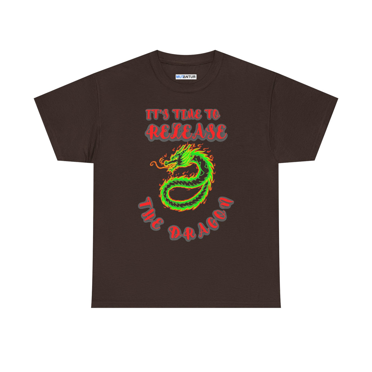 It's Time to Release the Dragon green fire dragon graphic t-shirt in brown, front view