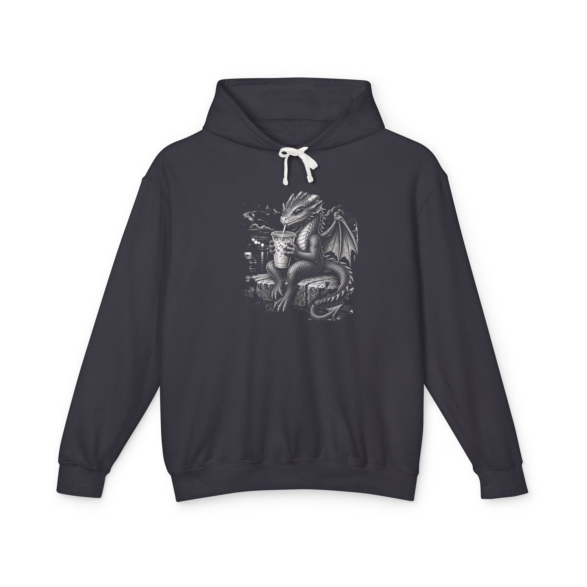 A dark charcoal gray pullover hoodie with a white drawstring hood and a detailed black and white dragon graphic printed on the chest, displayed against a solid white background.