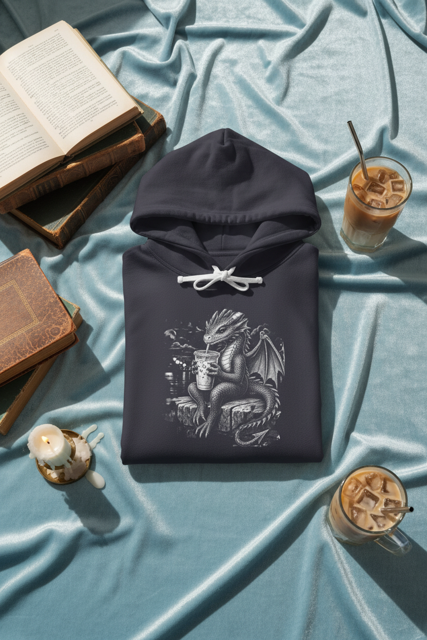 A dark charcoal gray pullover hoodie with a white drawstring hood and a detailed black and white dragon graphic printed on the chest, displayed against a solid white background.