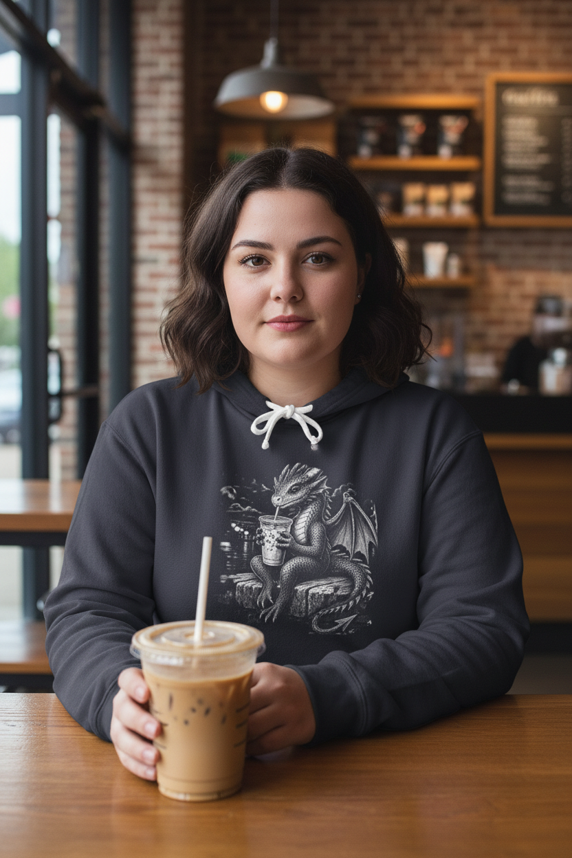 A dark charcoal gray pullover hoodie with a white drawstring hood and a detailed black and white dragon graphic printed on the chest, displayed against a solid white background.