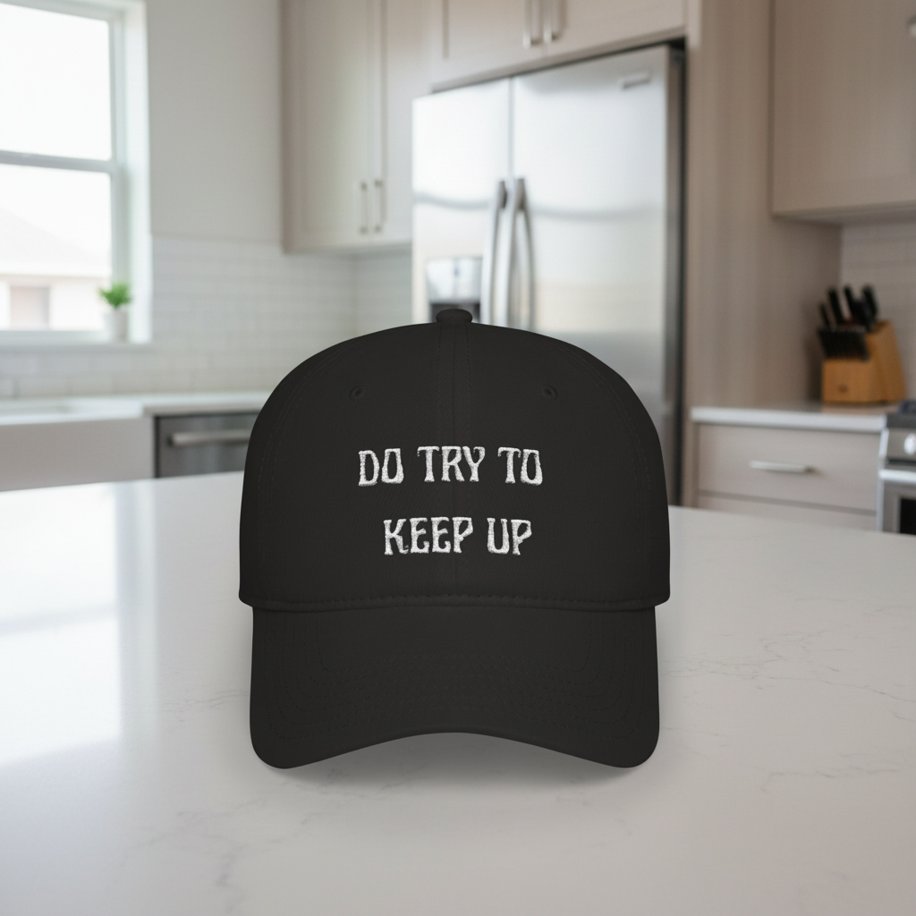 Do Try To Keep Up red embroidered baseball cap, back view