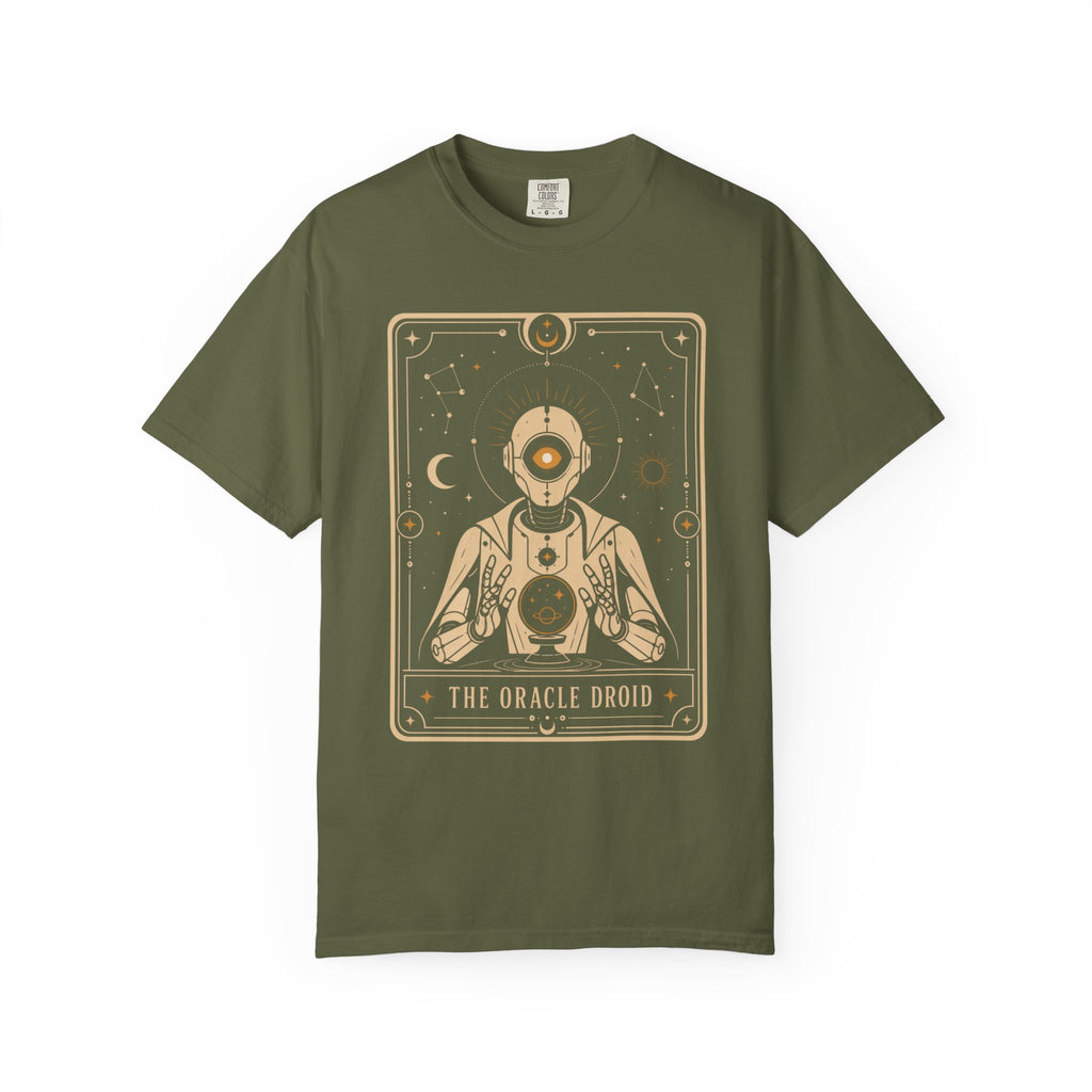 Oracle Droid Tarot T‑Shirt — Retro Sci‑Fi Tarot Robot Graphic Comfort Colors Tee - Mutantur Labs LLC