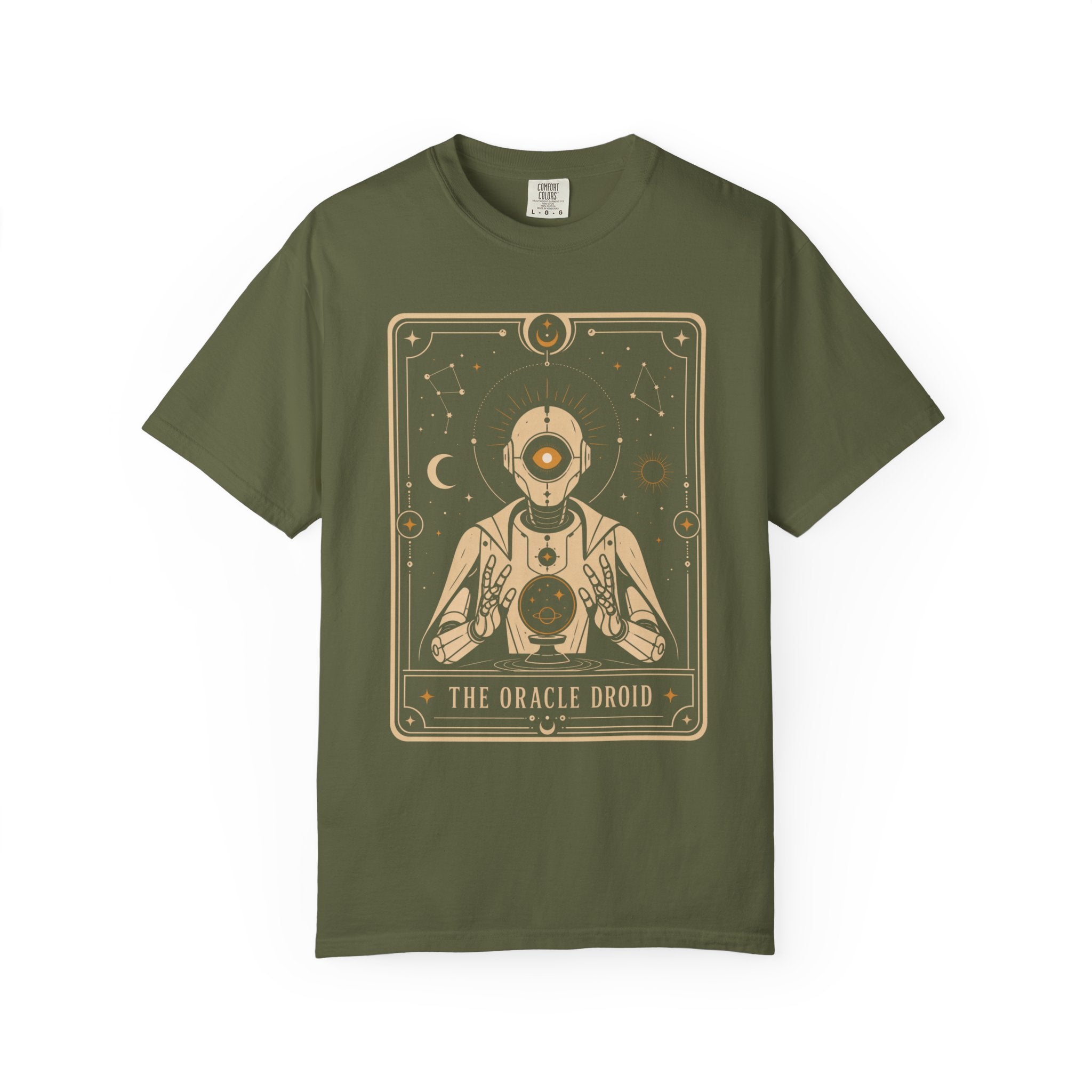 Oracle Droid Tarot T‑Shirt — Retro Sci‑Fi Tarot Robot Graphic Comfort Colors Tee - Mutantur Labs LLC