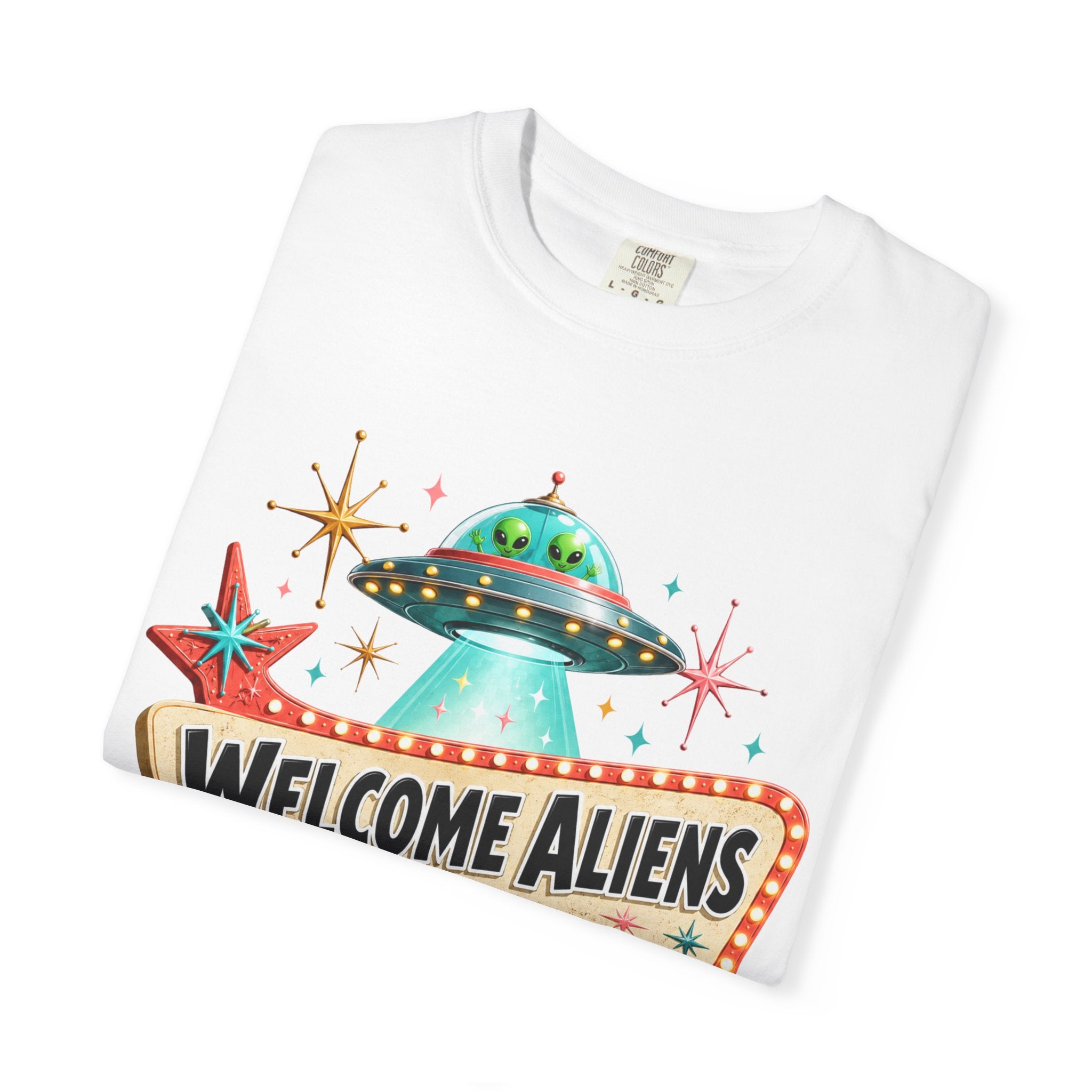 Welcome Aliens retro UFO Las Vegas sign Comfort Colors graphic tee, front view
