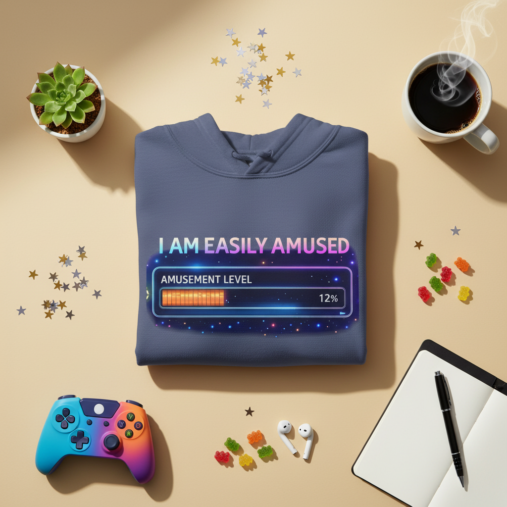 I Am Easily Amused level meter funny gamer hoodie in navy, folded flat lay styled with a game controller, coffee, gummy candies, and a notebook