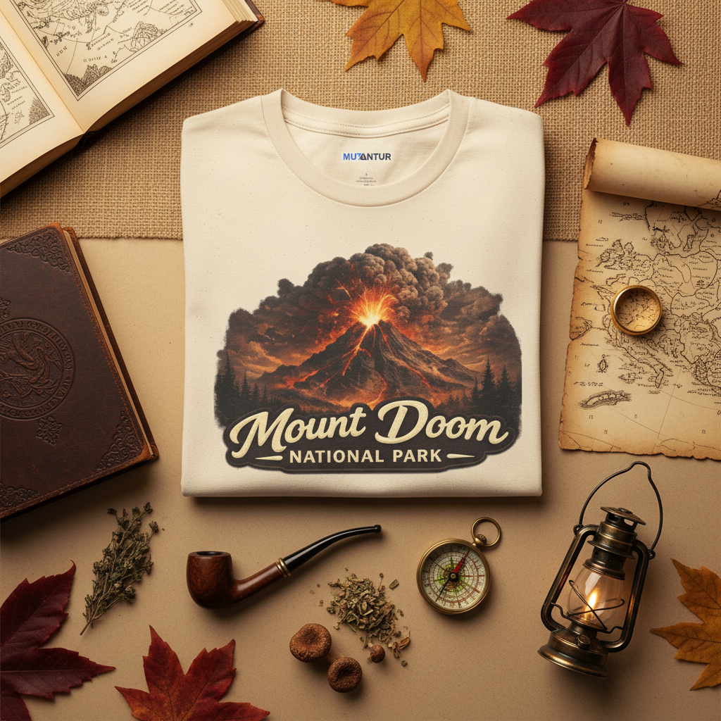 Mount Doom National Park volcanic eruption graphic t-shirt in natural, folded flat lay styled with vintage books, a map, compass, lantern, pipe, dried herbs, and autumn leaves
