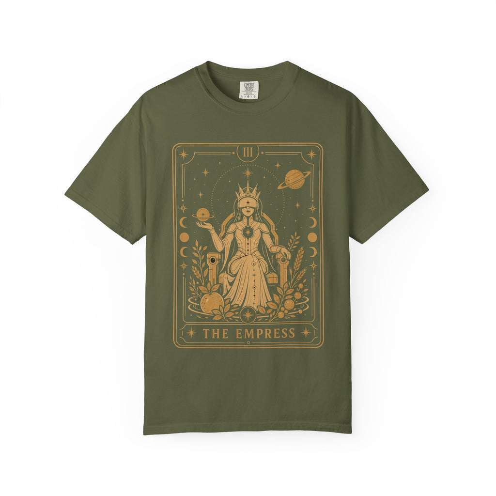  A Military green Comfort Colors t-shirt featuring The Starseer from the Future Arcana collection, inspired by The High Priestess tarot card. A serene cosmic mystic holds a glowing celestial sphere within an elegant Art Deco frame rendered in gold line art.
