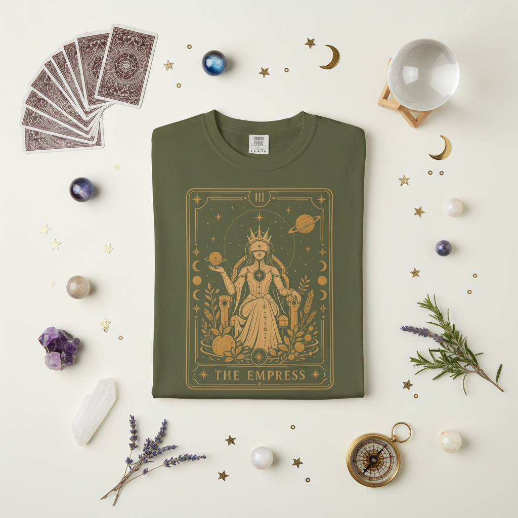 A Military green Comfort Colors t-shirt featuring The Starseer from the Future Arcana collection, inspired by The High Priestess tarot card. A serene cosmic mystic holds a glowing celestial sphere within an elegant Art Deco frame rendered in gold line art.