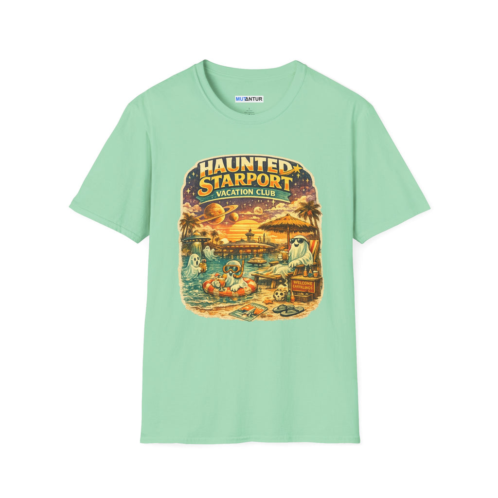 Haunted Starport Vacation Club T-Shirt – Funny Retro Sci-Fi Summerween Tee - Mutantur Labs LLC