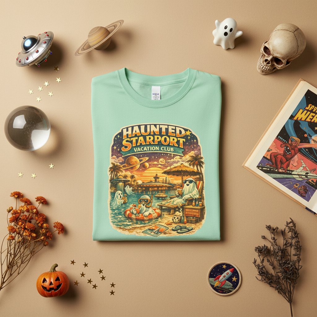 Haunted Starport Vacation Club retro sci-fi graphic tee, close-up of design