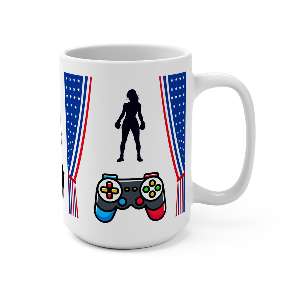 Eagle Mug with American Flag Sunglasses — Caffeinate, Fight Fascism, Play Games 15oz Coffee Cup - Mutantur Labs LLC