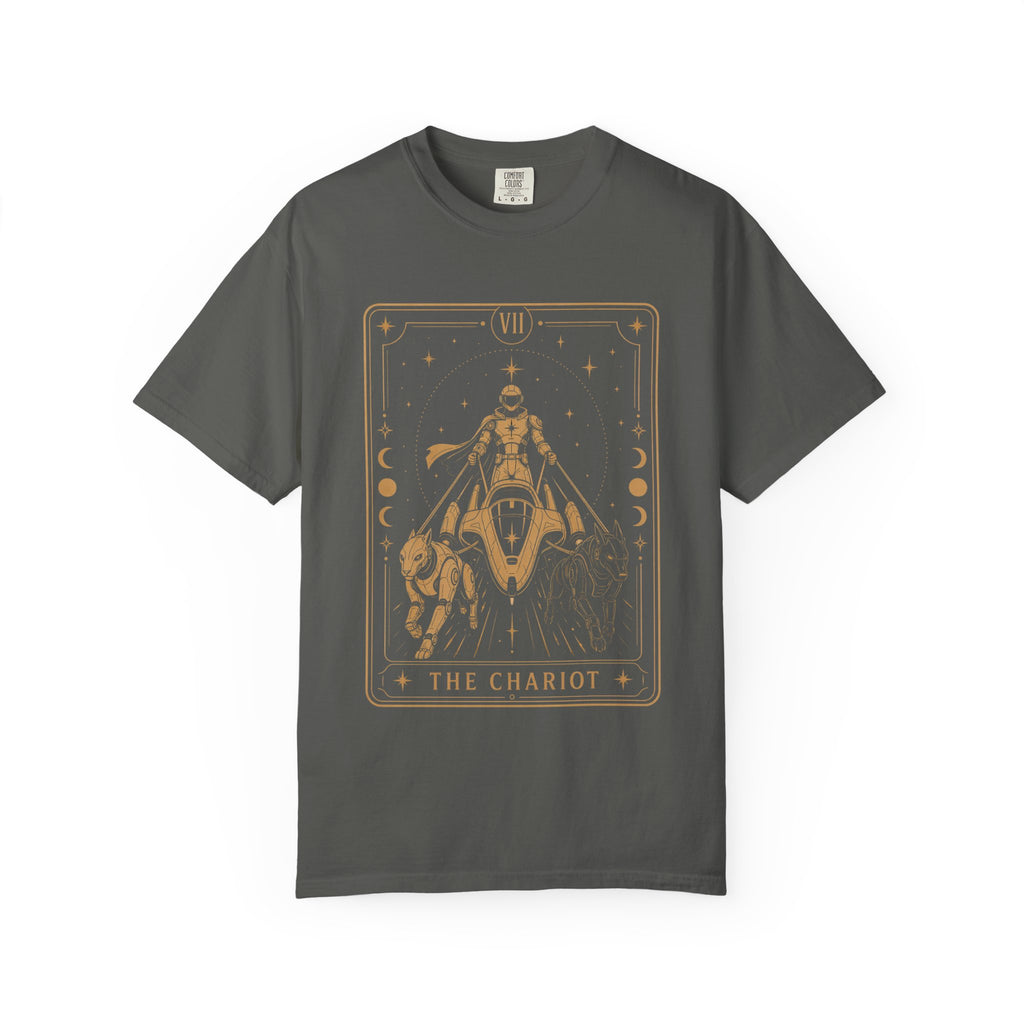 Pepper t-shirt with 'The Chariot' and mystical design on a white background