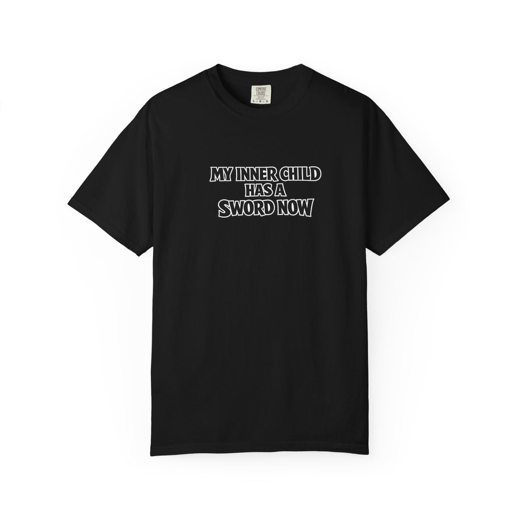 A black short-sleeve crewneck t-shirt with the text 'MY INNER CHILD HAS A SWORD NOW' printed in black and white block letters across the chest, displayed on a clean white background.