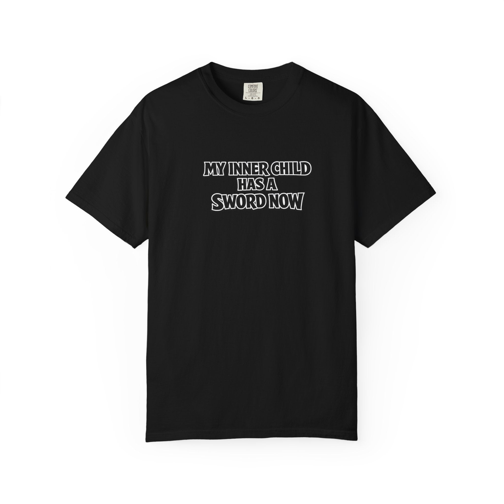 A black short-sleeve crewneck t-shirt with the text 'MY INNER CHILD HAS A SWORD NOW' printed in black and white block letters across the chest, displayed on a clean white background.