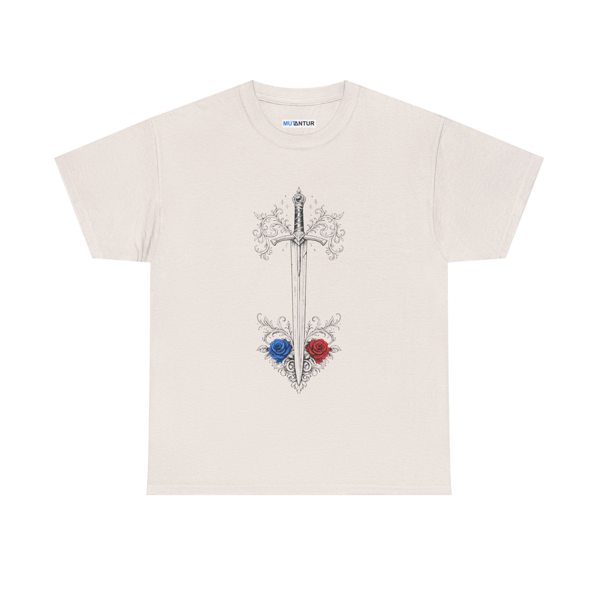 Sword and Roses Graphic Tee — Gothic Floral Sword T‑Shirt (Red & Blue Roses) - Mutantur Labs LLC