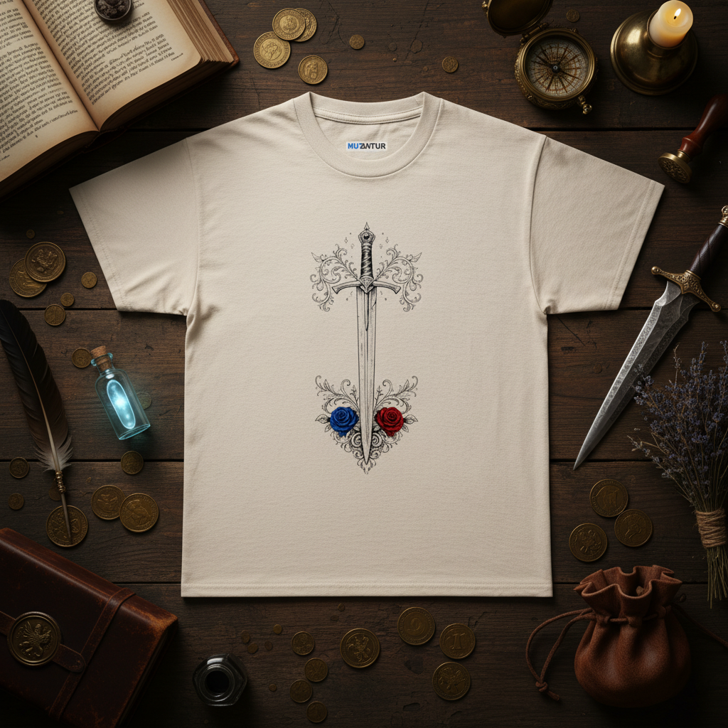 Sword and Roses gothic floral graphic tee, front view