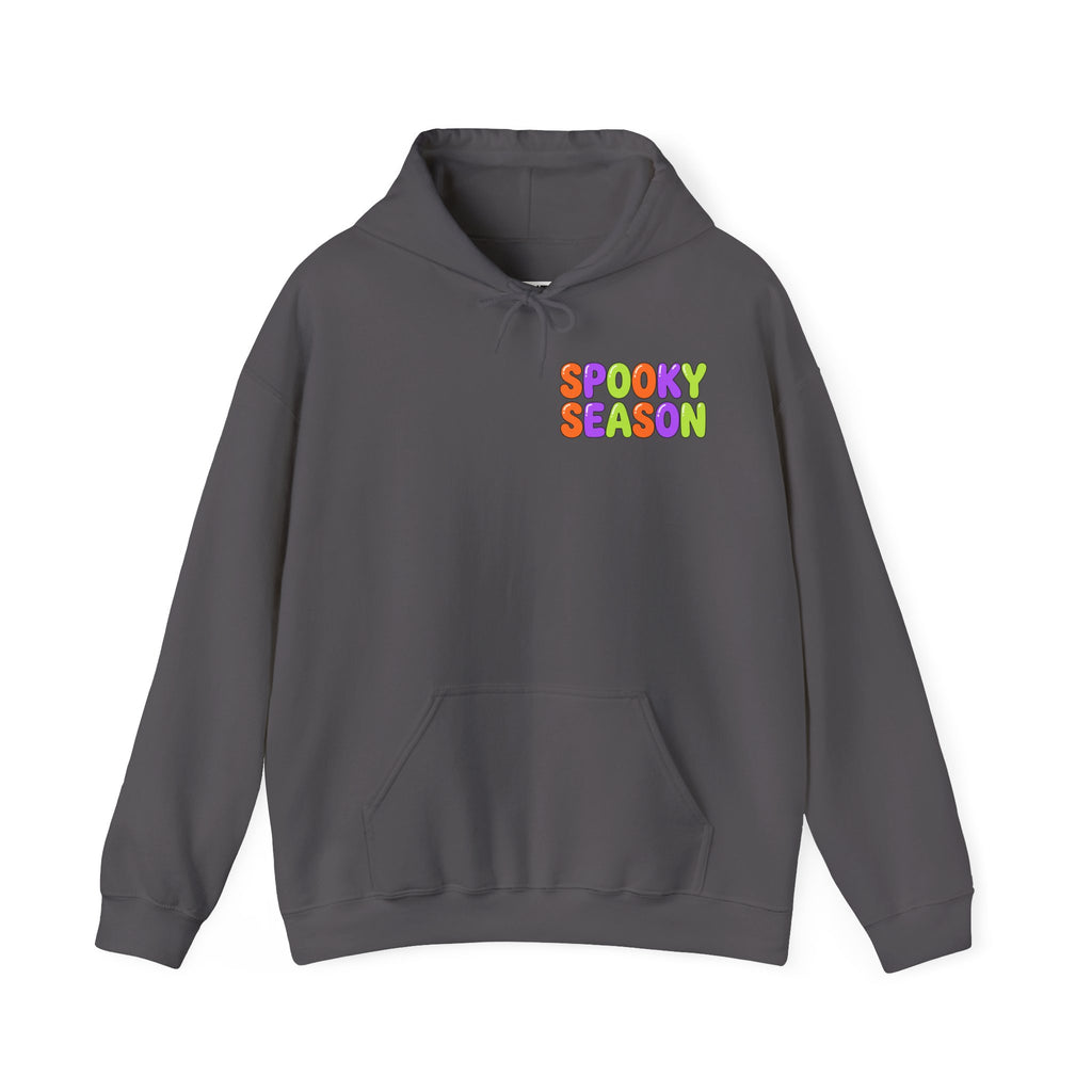 A light gray pullover hoodie with a colorful graphic on the chest that reads 'SPOOKY SEASON' in a rainbow gradient font, displayed against a solid white background.